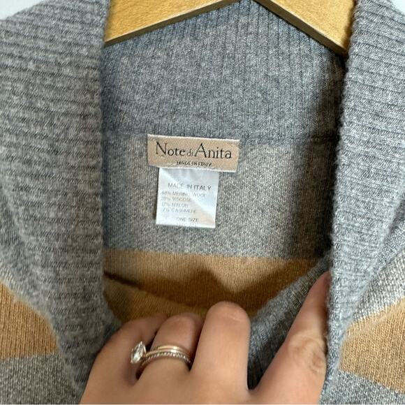 Note Di Anita Tan & Grey Checkered Wool Blend Knit Poncho Sweater One Size - Picture 4 of 5